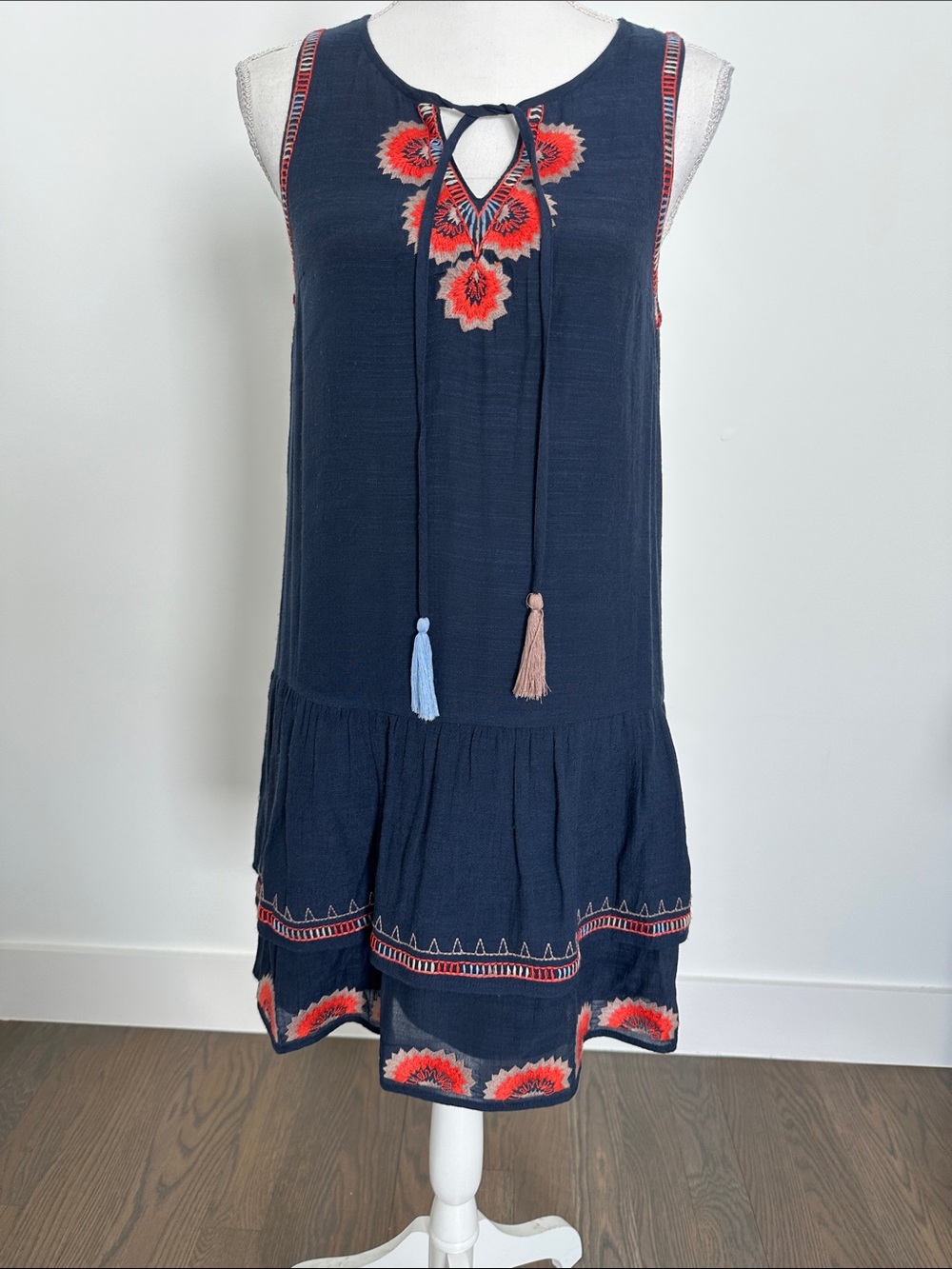 THML Navy Shift Dress with Floral Embroidery